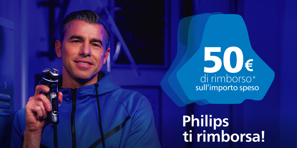 header per il cashback Philips ti romborsa! Acquista un rasoio Philips Shaving e richiedi il rimborso