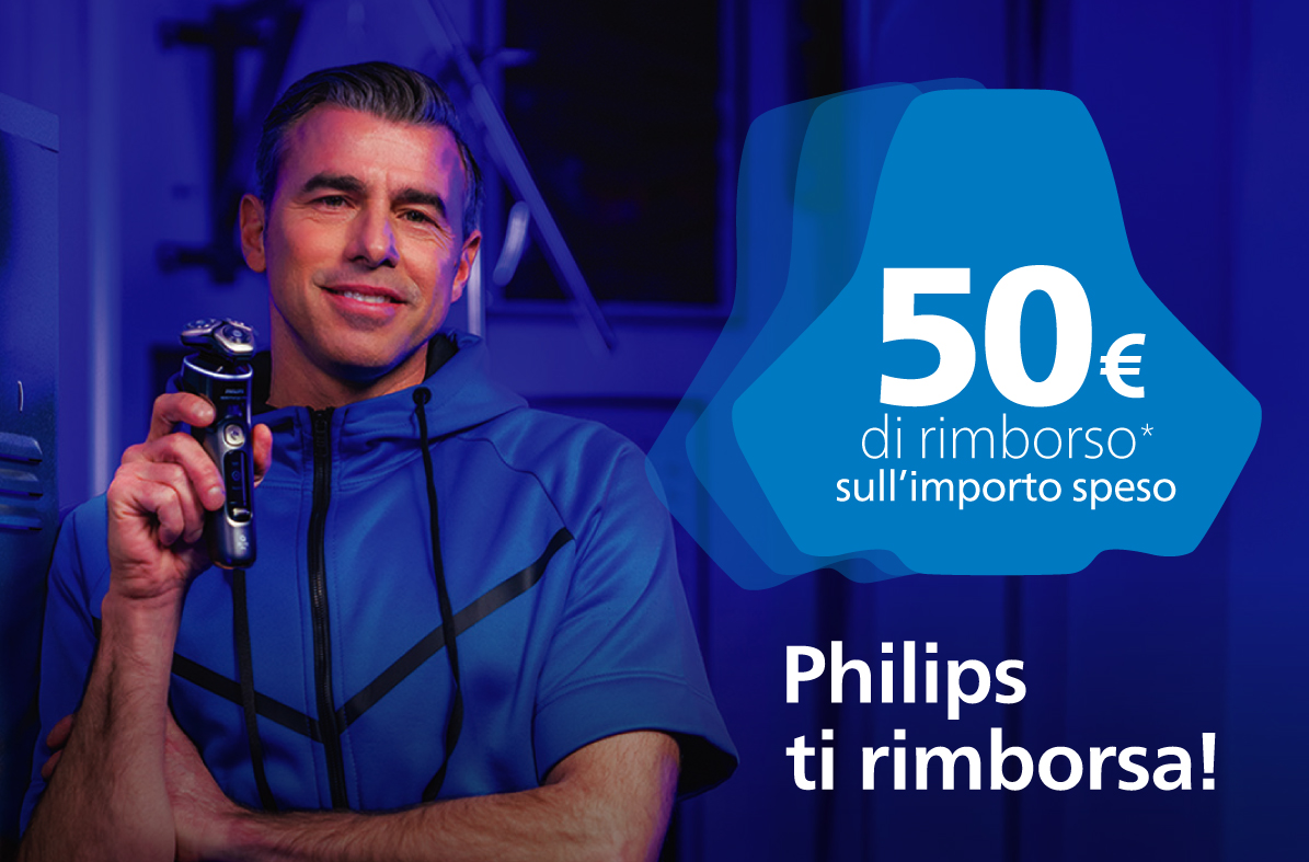 header per il cashback Philips ti romborsa! Acquista un rasoio Philips Shaving e richiedi il rimborso